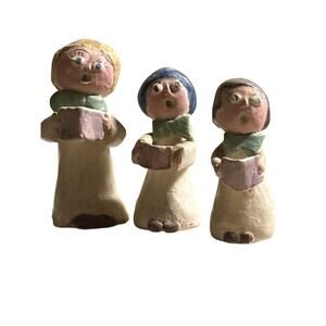 VTG RARE Handmade Clay Ceramic Christmas Caroler Figurines Set/3 Folk Art Choir